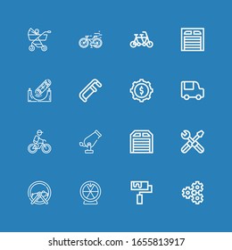Editable 16 wheel icons for web and mobile. Set of wheel included icons line Gear, Roller, Roulette, Hamster ball, Settings, Garage, Cannon, Cycling, Food truck on blue background