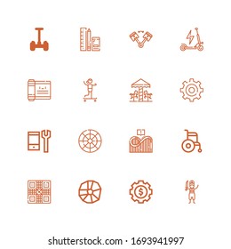 Editable 16 wheel icons for web and mobile. Set of wheel included icons line Pirate, Settings, Wheel, Game, Wheelchair, Roller coaster, Color Configuration on white background