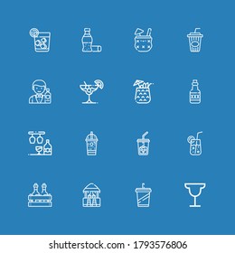 Editable 16 whiskey icons for web and mobile. Set of whiskey included icons line Cocktail, Beverage, Bar, Alcoholic drink, Ice coffee, Rum, Barman, Cola, Vodka on blue background