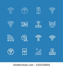 Editable 16 wi icons for web and mobile. Set of wi included icons line Wifi, Wifi signal, Hotspot on blue background