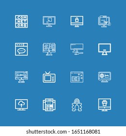 Editable 16 iconos de ancho para web y móvil. Conjunto de iconos de amplia inclusión línea Monitor, Expander, sitio Web, Televisión, Monitoreo, Pantalla, Sitio Web, Dominio en fondo azul