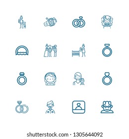 Editable 16 wife icons for web and mobile. Set of wife included icons line Grandfather, Ring, Rings, Mother, Bride, Newlyweds, Wedding rings on white background