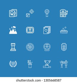 Editable 16 win icons for web and mobile. Set of win included icons line Triumph, Podium, Awards, Winner, Badge, Roulette, Chess, Balls, Poker, Poker table on blue background