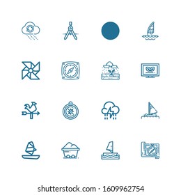 Editable 16 wind icons for web and mobile. Set of wind included icons line Compass, Windsurf, Coal, Sail, Storm, Vane, Ecological, Rain, Pinwheel, Ecology on white background