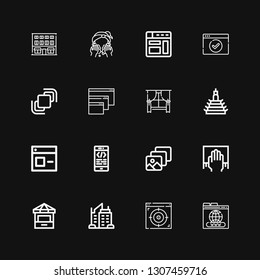 Editable 16 window icons for web and mobile. Set of window included icons line Domain, Browser, Skyscraper, Ticket office, Cleaning, Coding, Window, Building on black background