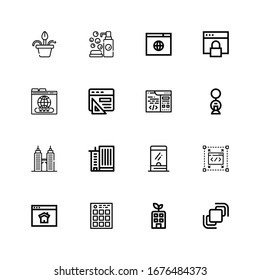 Editable 16 iconos de ventana para web y móvil. Conjunto de ventanas que incluye iconos línea Oculta, Edificio, Navegador, Página de inicio, Ventana de tickets, Edificio de oficina, Codificación sobre fondo blanco