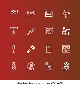 Editable 16 wine icons for web and mobile. Set of wine line icons including: Waitress, Vodka, No alcohol, Bottle, Pub, Refrigerator, Bottle opener, Champagne glass, Wine on red
