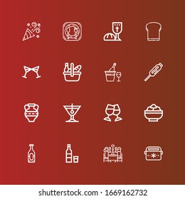 Editable 16 iconos de vino para web y móvil. Conjunto de vinos incluidos íconos nevera portátil, cena romántica, vodka, soda, ensalada, tostada, cóctel, amphora, comida, champán en rojo