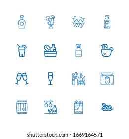 Editable 16 wine icons for web and mobile. Set of wine included icons line Spaghetti, Ice bucket, Bar, Barrel, Pub, Party, Champagne, Toast, Coconut drink on white background