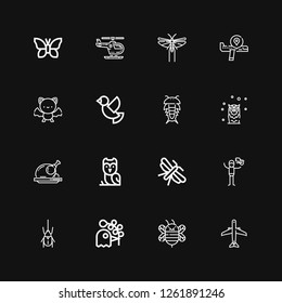 Editable 16 wing icons for web and mobile. Set of wing included icons line Aircraft, Bee, Pigeon, Beetle, Dove, Moth, Owl, Roast chicken, Insect, Bat, Airplane on black background