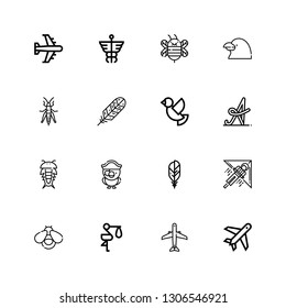 Editable 16 wing icons for web and mobile. Set of wing included icons line Plane, Aircraft, Stork, Firefly, Hang gliding, Feather, Parrot, Insect, Calligraphy on white background