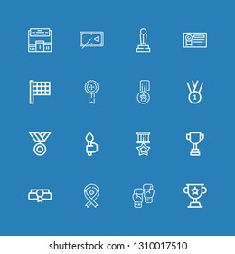 Editable 16 winner icons for web and mobile. Set of winner included icons line Trophy, Boxing, Ribbon, Diploma, Medal, Torch, Finish flag, Pool table, Pedestal on blue background