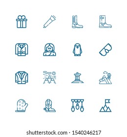 Editable 16 winter icons for web and mobile. Set of winter included icons line Mountain, Garlands, Boot, Mitten, Mountains, Inukshuk, Jacket, Goggles, Penguin on white background