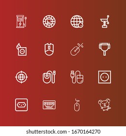 Editable 16 wire icons for web and mobile. Set of wire included icons line Mouse, Vga, Socket, Earth grid, Cable, Plug, Spring, Electric, Charger on red