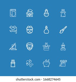 Editable 16 witch icons for web and mobile. Set of witch included icons line Magic, Cauldron, Voodoo, Witch, Dracula, Broomstick, Potion, Frankenstein, Costume on blue background