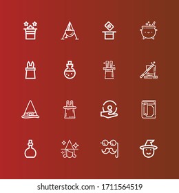 Editable 16 witch icons for web and mobile. Set of witch included icons line Witch, Costume, Potion, Magic book, Spell, Magic, Cauldron on red