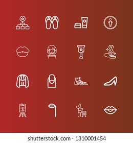 Editable 16 women icons for web and mobile. Set of women included icons line Kiss, Woman, Lips, Wedding sign, Heels, Sandals, Nails, Wig, Cancer, Leg, Restroom, Cosmetics on red