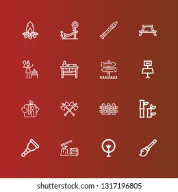 Editable 16 wood icons for web and mobile. Set of wood included icons line Broomstick, Tree, Firewood, Wooden leg, Bamboo, Fence, Axes, Trunk, Table, Sign Post, Nightstand on red