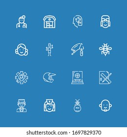Editable 16 worker icons for web and mobile. Set of worker included icons line Avatar, Ant, Nurse, Man, Edit tools, Hat, Helmet, User, Bee, Trowel, Staff, Pilot on blue background