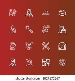Editable 16 worker icons for web and mobile. Set of worker included icons line Businessman, Teamwork, Scientist, Doctor, Avatar, Maintenance, Maid, Hammer, Hat, Nurse, Doorman on red