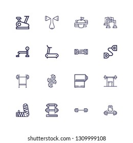 Editable 16 workout icons for web and mobile. Set of workout included icons line Weightlifting, Barbell, Dumbbell, Arm, Yoga mat, Bench press, Chest expander on white background
