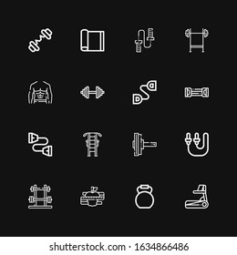 Editable 16 workout icons for web and mobile. Set of workout included icons line Treadmill, Kettlebell, Diet, Dumbbell, Skip rope, Gym station, Chest expander on black background