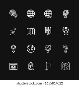 Editable 16 world icons for web and mobile. Set of world included icons line Map, Flag, Plant, Browser, Plants, Globe, Earth, Venus, Uranus, Sprout, Earth grid on black background