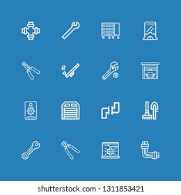 Editable 16 wrench icons for web and mobile. Set of wrench included icons line Pipe, System, Pliers, Wrench, Tools, Pipes, Garage, Admin, Plier, Setup, Tool box on blue background