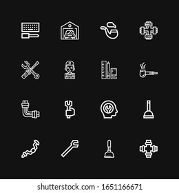 Editable 16 wrench icons for web and mobile. Set of wrench included icons line Pipe, Plunger, Wrench, Ratchet, Fixed, Spanner, Tools, Mechanic, Maintenance on black background