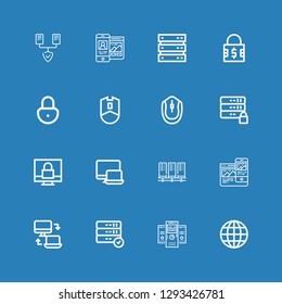 Editable 16 www icons for web and mobile. Set of www included icons line Internet, Servers, Server, Responsive, Padlock, Mouse on blue background