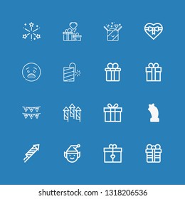 Editable 16 xmas icons for web and mobile. Set of xmas included icons line Gift, Elf, Fireworks, Star, Garlands, Gift box, Petard, Surprised, Gifts on blue background