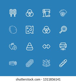 Editable 16 yellow icons for web and mobile. Set of yellow included icons line Stick candy, d, Hot dog, Carrots, Printer, Resize, Candy corn, Peach, Warning on blue background