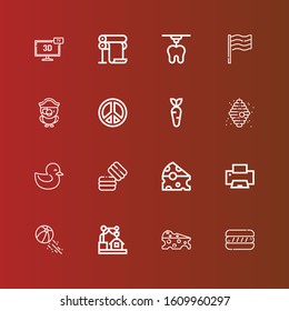 Editable 16 yellow icons for web and mobile. Set of yellow included icons line Hot dog, Cheese, d, Beach ball, Printer, Macaron, Duck, Beehive, Carrot, Peace sign, Parrot on red