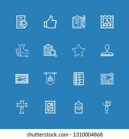 Editable 16 yes icons for web and mobile. Set of yes included icons line Crossing, Clipboard, Stamp, Cross, Test, Standard, Favourite, Thumbs up, Clipboards on blue background