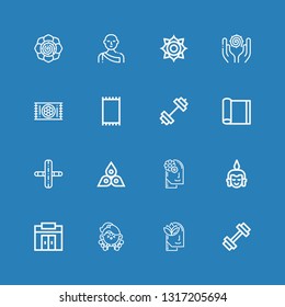 Editable 16 yoga icons for web and mobile. Set of yoga included icons line Gym, Relax, Fitness, Buddha, Chakra, Yoga mat, Carpet, Spiritual, Monk on blue background