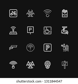 Editable 16 zone icons for web and mobile. Set of zone included icons line Signal, Parking meter, Biohazard, Wifi signal, Smoker, Parking, Wifi, Cctv, Cigarette on black background
