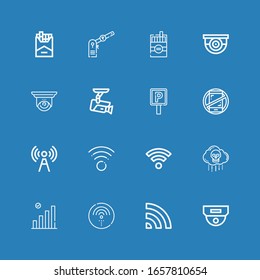 Editable 16 zone icons for web and mobile. Set of zone included icons line Cctv, Wifi, Bio weapon, Signal, No phones, Parking sign, Surveillance, Cigarette on blue background