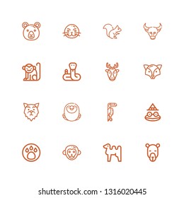 Editable 16 zoo icons for web and mobile. Set of zoo included icons line Camel, Monkey, Animal, Toad, Toucan, Macaw, Wolf, Fox, Deer, Snake, Buffalo, Squirrel on white background