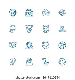 Editable 16 zoo icons for web and mobile. Set of zoo line icons including: Monkey, Giraffe, Sloth, Elephant, Animal, Polar bear, Snake, Fox, Frog, Boar, Rhino on white background