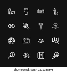 Editable 16 zoom icons for web and mobile. Set of zoom included icons line Search, Camera, Vision, Shutter, Photo camera, Detective, Searching, Resize, Glass on black background