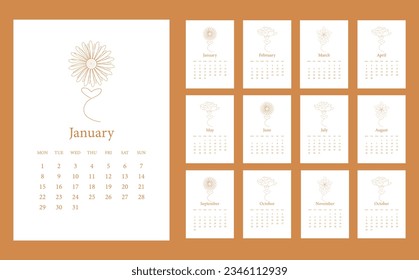 Editable 2024 calendar design template for happy new year. Vector