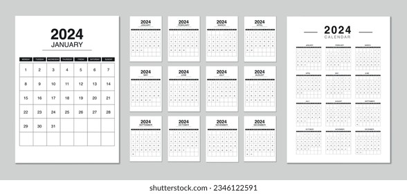 Editable 2024 calendar design template for happy new year. English vector calendar layout. 2024 calendar planner