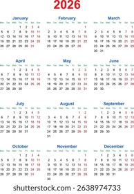 Editable 2026 Calendar Vector - Transparent Background	