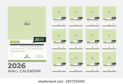 Calendario de pared 2026 editable Plantilla | Diseño mínimo de 12 meses