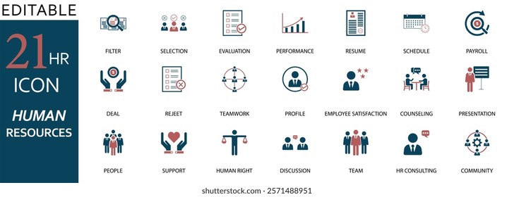 Editable 21 HR icon set for human resources. Includes selection, performance, resume, payroll, teamwork, employee satisfaction, counseling, and more. Ideal for presentations, websites, and HR tools