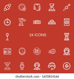 Editable 22 24 iconos para web y móvil. Conjunto de 24 iconos incluidos línea Watch, hora, auriculares, reloj, reloj, reloj digital, manual, asistencia, servicio al cliente sobre fondo rojo