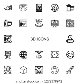 Editable 22 3d icons for web and mobile. Set of 3d included icons line Prism, Diaper, d printer, Film reel, Film, Reel, d modeling, Vr, d model, Layout, Virtual reality on white background