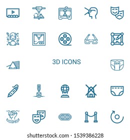 Editable 22 3d icons for web and mobile. Set of 3d included icons line Theater, d printing, d printers, Virtual reality, Theatre, Hologram, d printer, Film reel on white background