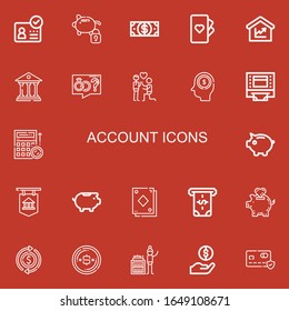 Editable 22 account icons for web and mobile. Set of account included icons line ID, Piggy bank, Dollar, Cards, Amount, Bank, Proposal, Earnings, Atm, Budget on red background