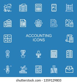 Editable 22 accounting icons for web and mobile. Set of accounting included icons line Growth, Calculator, Invoice, Abacus, Tax office, Calculate, Bill, Report on blue background